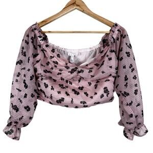Leith Crop Top Womens M Pink Floral Off the Shoulder Balloon Sleeve Coquette